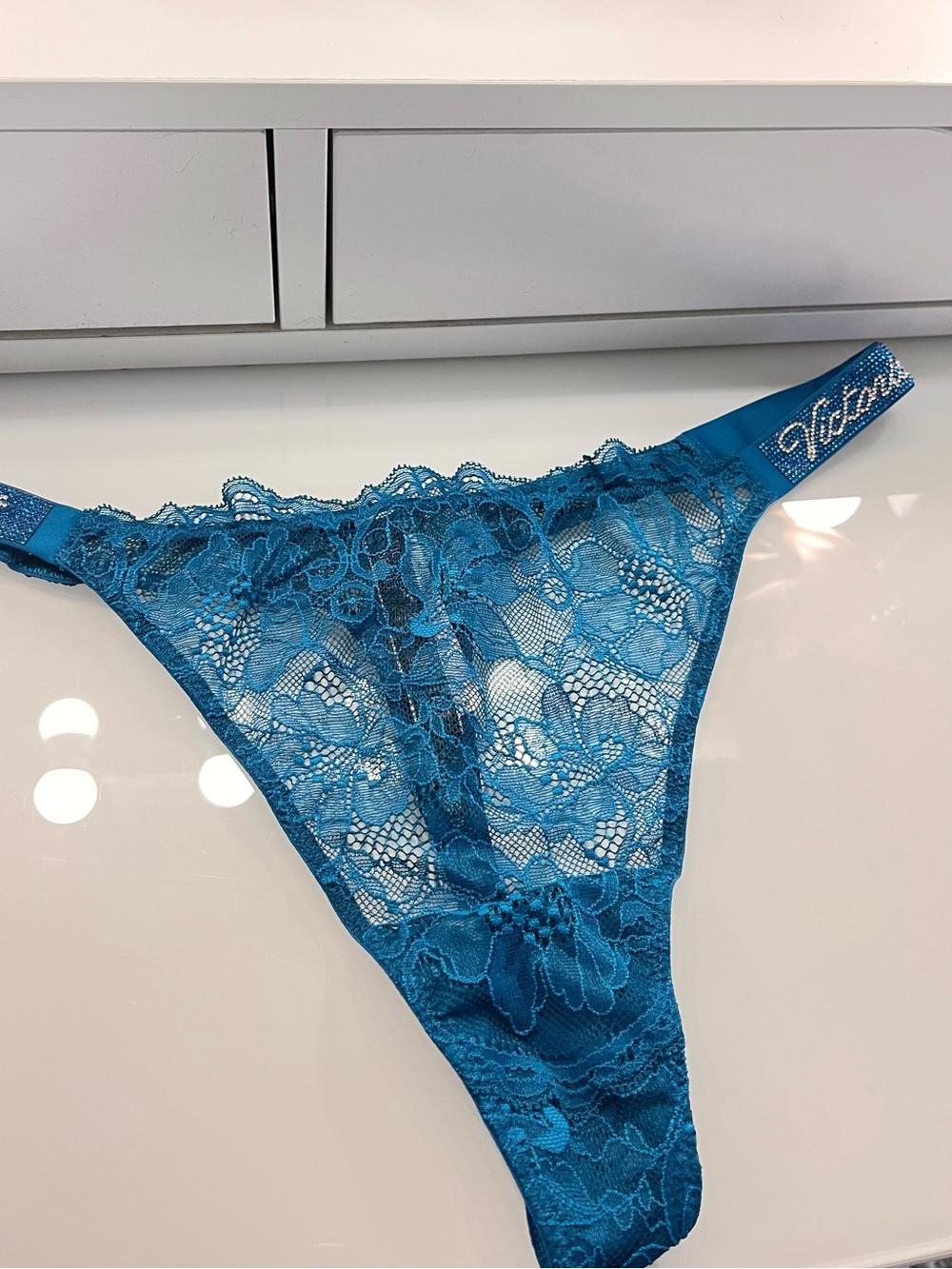 Victoria's Secret Blue Lace Thong teal blue xl rhinestone strings logo